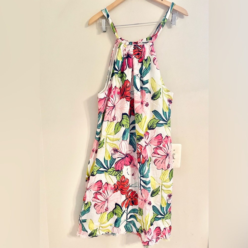 Tommy Bahama Floral Linen Halter Shift Dress Fringe Hem Lined Hibiscus Print L - Picture 2 of 13